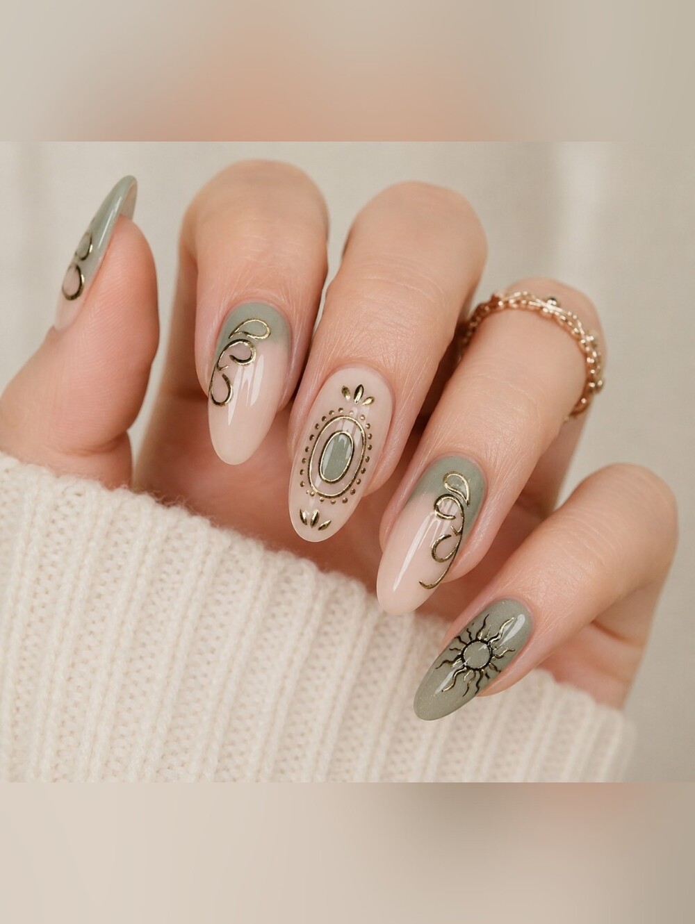 24pc Press On Nails Nude Sage‎ Green Sun Swirl Almond Glossy False Nail Set